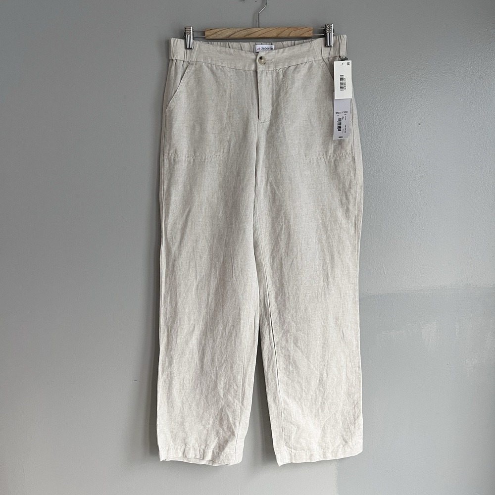 Liz Claiborne Women's Linen Blend Pants Beige Mid Rise Elastic Waist Small NWT